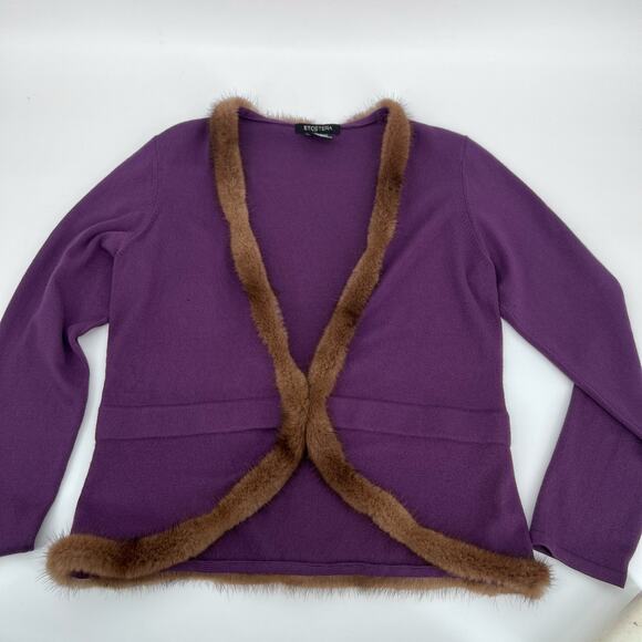 Etcetera Silk Cashmere Mink Trim Cardigan Womens Large Purple Brown Fur Sweater - Picture 3 of 11